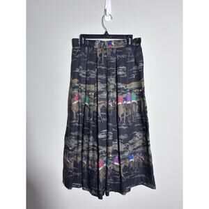 Vintage Equestrian Shin Length Pleated Skirt Derby Print Women’s Size 4 Black
